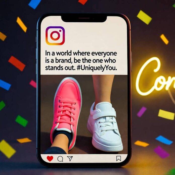 Vibrant Instagram post on smartphone, mismatched neon sneakers, neon "Connect" sign, confetti burst.