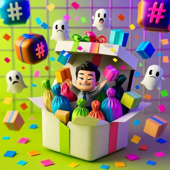 Quirky laptop spills colorful swag bags, influencer juggles packages amid chaotic neon confetti.