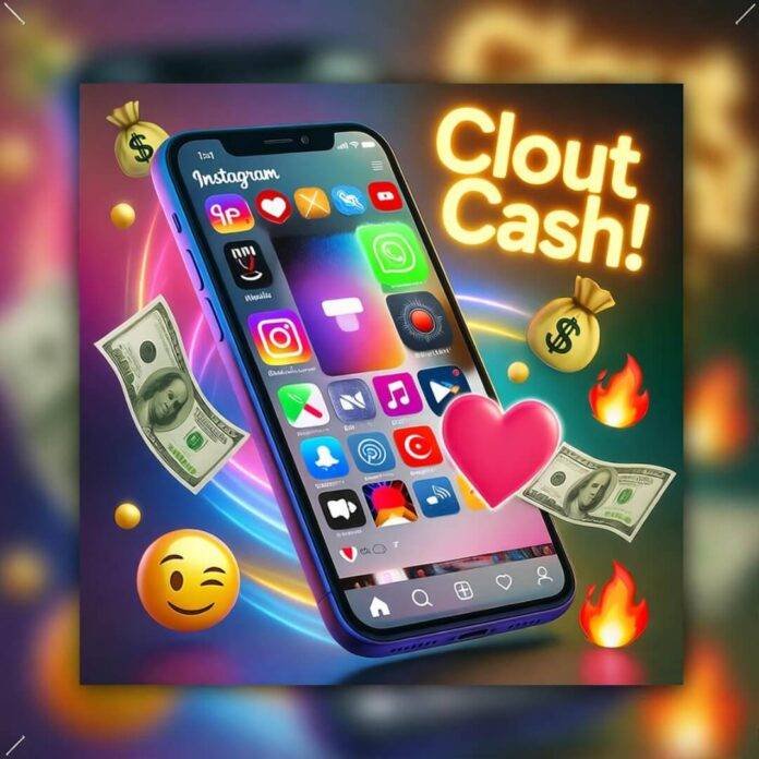 Smartphone with wild Insta feed, swirling cash, neon "Clout=Cash!" sign, emojis.