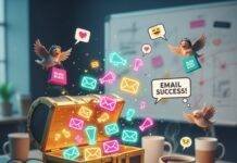 Influencer Outreach Made Easy: Scripts, Tools & Tips A cracked laptop spills glowing emails from a treasure chest onto a messy desk.