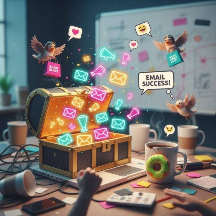 A cracked laptop spills glowing emails from a treasure chest onto a messy desk.