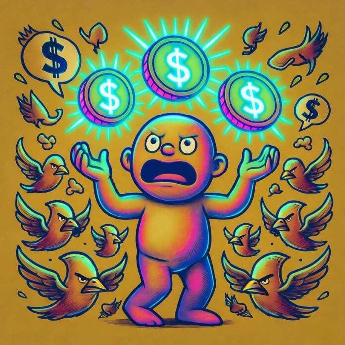Cartoon influencer juggles glowing coins, dodges angry tax bird flock, neon comic style.