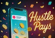 Commission-Based Influencer Marketing: Is It Worth It? Blurred phone with post, coins, neon "Hustle Pays" sign, confetti hashtags, vibrant teal, pink, yellow.