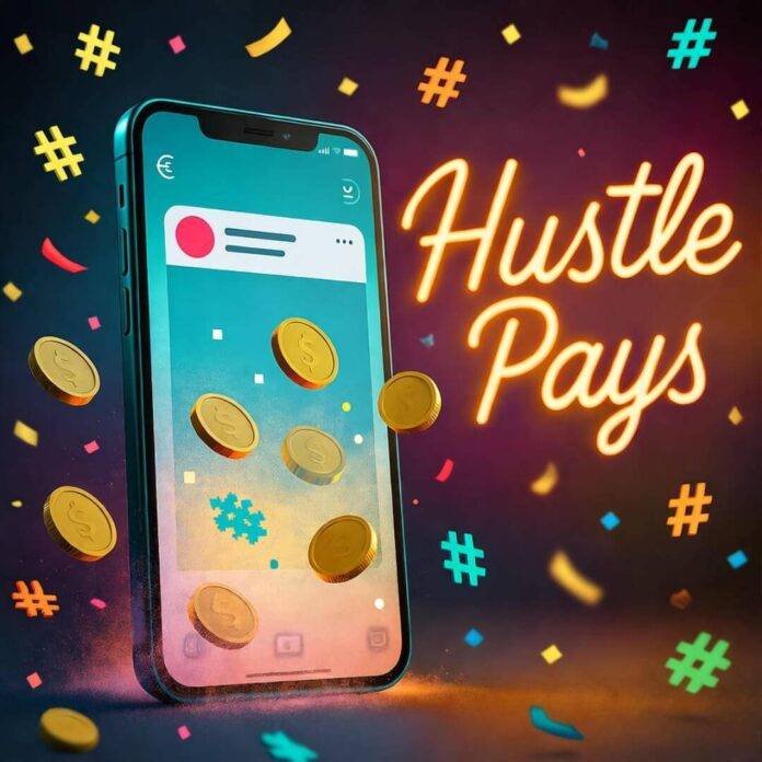Blurred phone with post, coins, neon "Hustle Pays" sign, confetti hashtags, vibrant teal, pink, yellow. Blurred phone with post, coins, neon "Hustle Pays" sign, confetti hashtags, vibrant teal, pink, yellow.