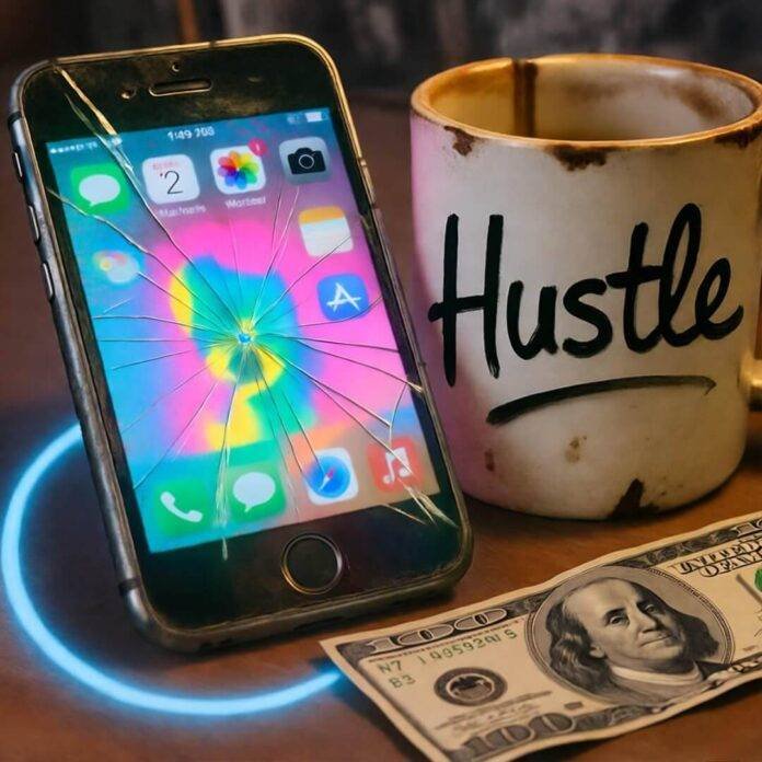 Cracked phone with vibrant ad, chipped "Hustle" mug, crumpled $100 bill on messy desk.