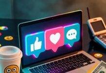 How to Get Paid as an Influencer: 7 Income Streams Explained Neon-lit laptop with social media icons, spilled coffee, dollar, and retro phone.