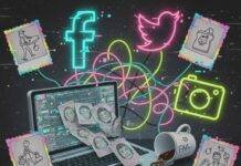 Best Influencer Discovery Tools for 2025 Cluttered, retro glitch-art desk with social media logos, glittery cards, and spilled coffee.