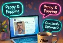 How to Choose a Social Influencer Agency That Aligns with Your Brand? Cluttered desk with glowing laptop, chipped "Vibes Only" mug, sticky notes, neon bubbles.