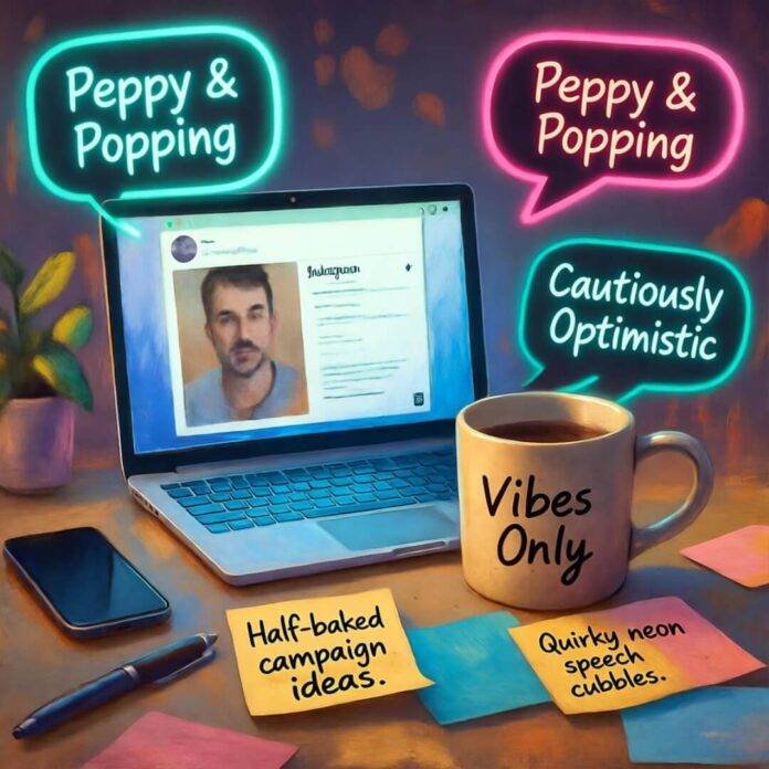 Cluttered desk with glowing laptop, chipped "Vibes Only" mug, sticky notes, neon bubbles.