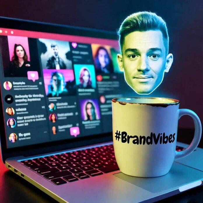 Neon-lit laptop, chipped #BrandVibes mug, glitchy holographic influencer, retro arcade vibes.