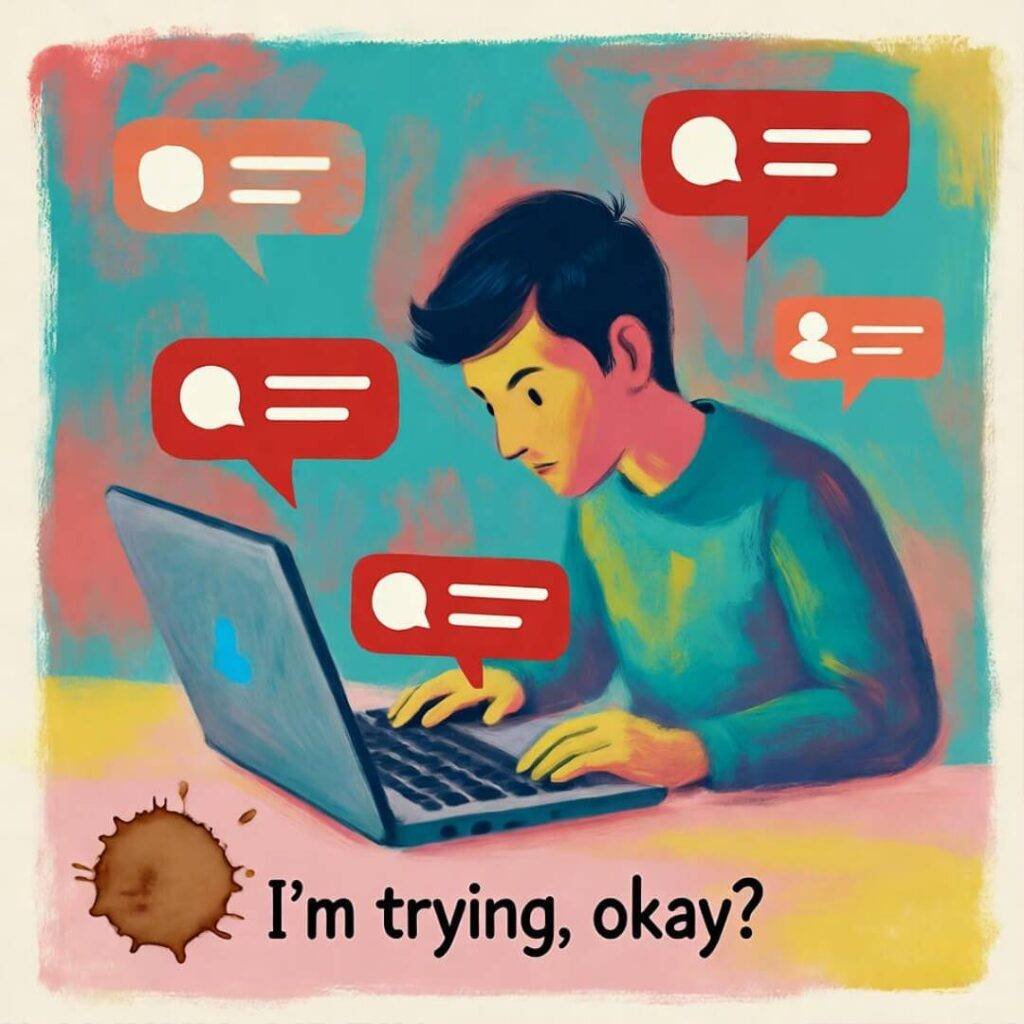 Impressionistic painting of person at laptop with notifications, coffee stain, humor.