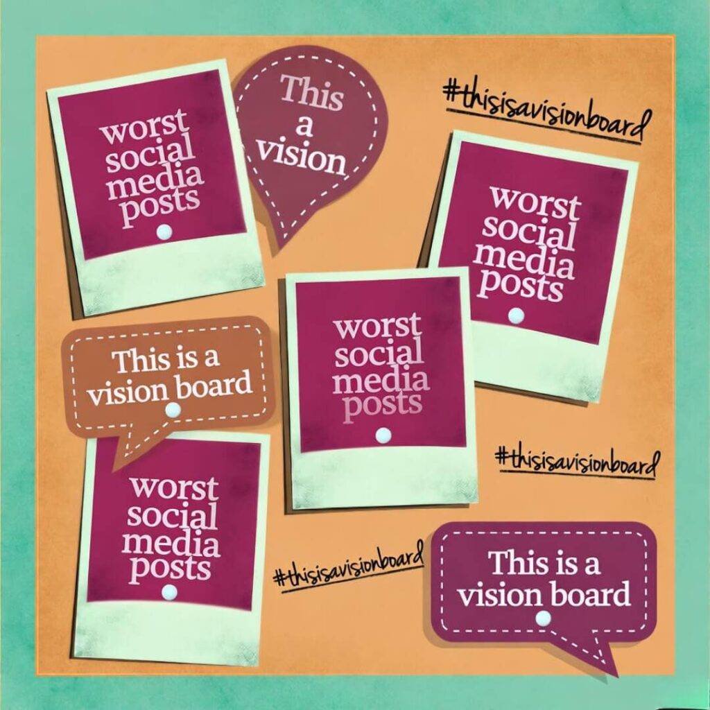 Retro vision board with Polaroids of worst social media posts, quirky hashtags.