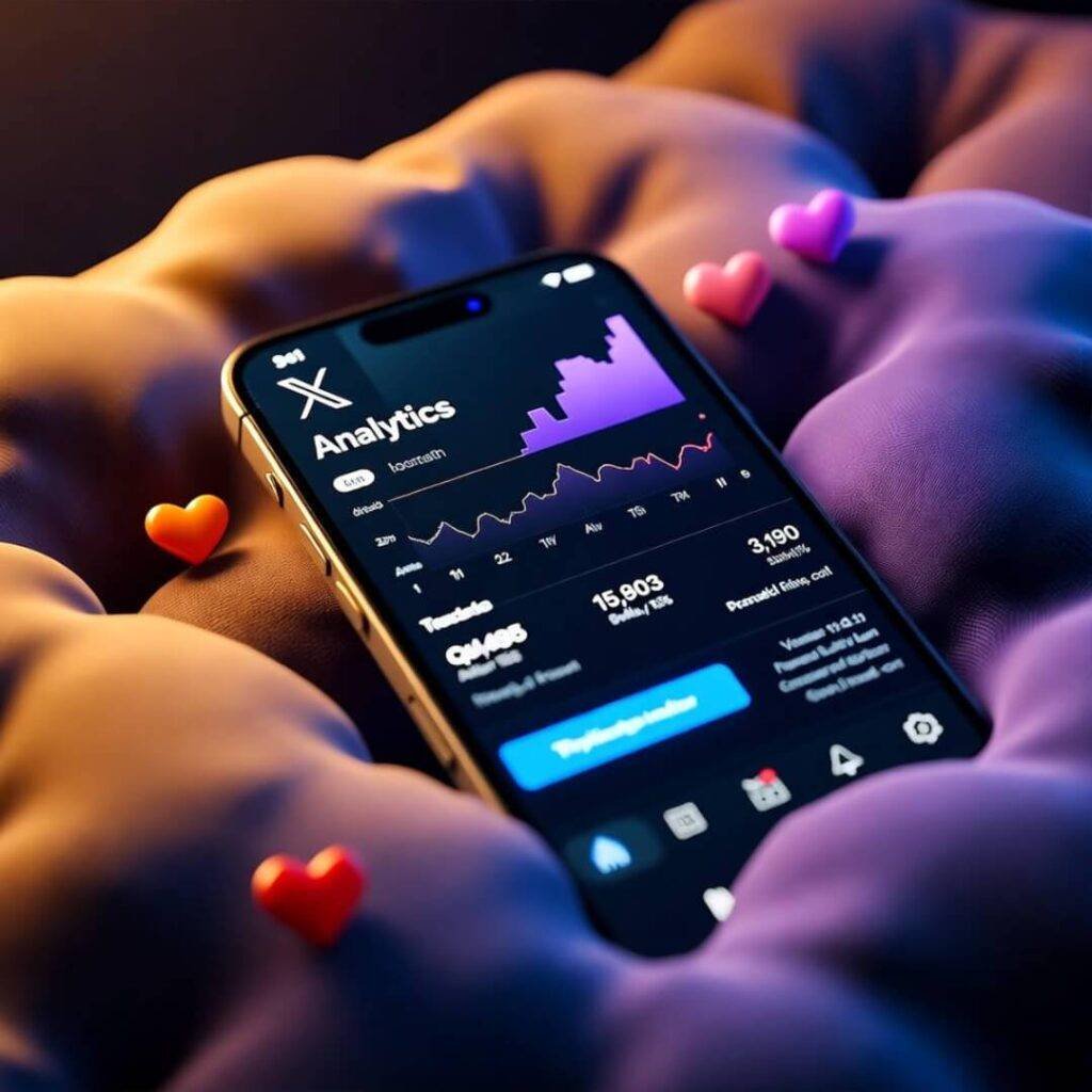 Phone screen with X analytics on lumpy couch, hearts, vibrant colors.