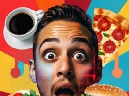 How to Become a Social Influencer and Monetize Your Passion Vibrant pop-art collage: wide-eyed man amid coffee, pizza, burger explosion, upward TikTok haze.