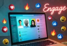 Creating a High-Converting Social Media Campaign: Case Studies Included Glowing laptop with chaotic social media, neon "Engage" sign, Polaroids, floating emojis.