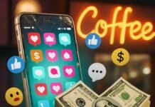 Social Media for Business: How to Turn Likes Into Revenue Beat-up smartphone with cracked screen, dollar bills, neon coffee sign, floating emojis in bold colors.