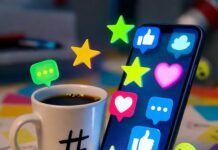 Social Media Optimization – The Ultimate Beginner’s Guide Glowing phone with jumping icons, lopsided hashtag mug, chaotic desk, floating emojis.