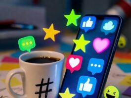 Social Media Optimization – The Ultimate Beginner’s Guide Glowing phone with jumping icons, lopsided hashtag mug, chaotic desk, floating emojis.