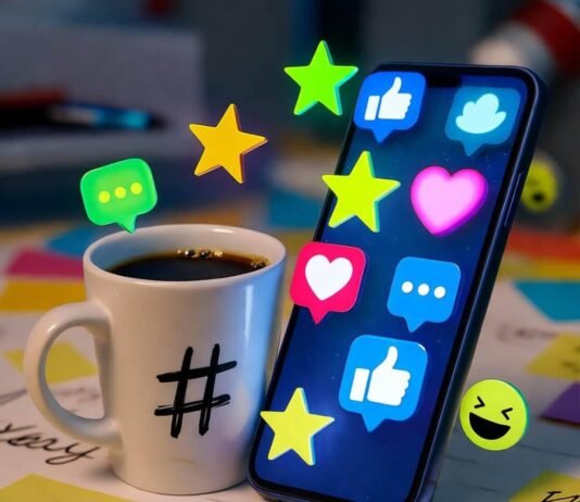 Social Media Optimization – The Ultimate Beginner’s Guide Glowing phone with jumping icons, lopsided hashtag mug, chaotic desk, floating emojis.