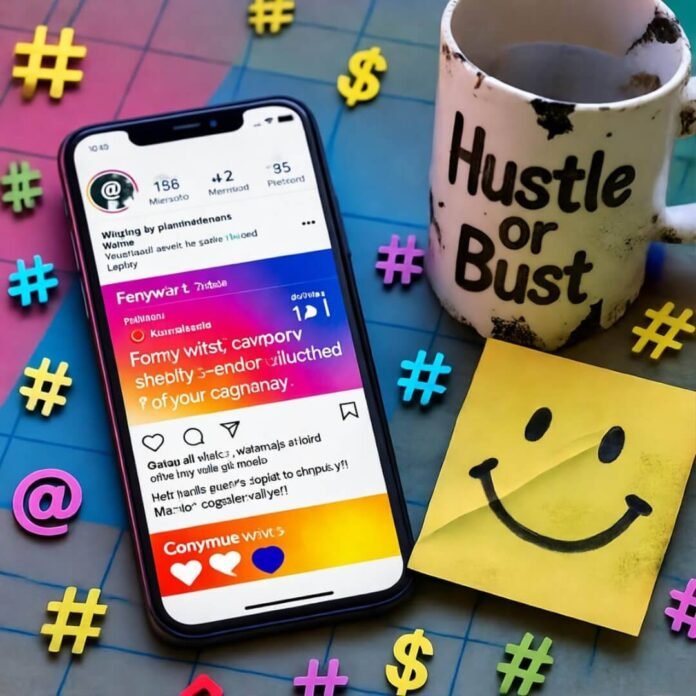 Messy desk with chipped "Hustle or Bust" mug, phone, smiley note, colorful hashtags. Messy desk with chipped "Hustle or Bust" mug, phone, smiley note, colorful hashtags.