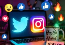 Hiring a Social Media Consultant? Here’s What to Know First Messy desk with laptop, "Hustle Hard" mug, "SAVE ME!" note, swirling emojis in neon colors.