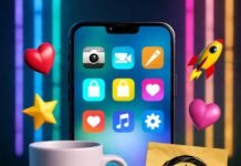 Social Media Branding Tips That Skyrocket Visibility Neon-lit smartphone, #BrandVibes mug, sticky note logo, floating emojis in bold colors.