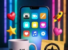 Social Media Branding Tips That Skyrocket Visibility Neon-lit smartphone, #BrandVibes mug, sticky note logo, floating emojis in bold colors.