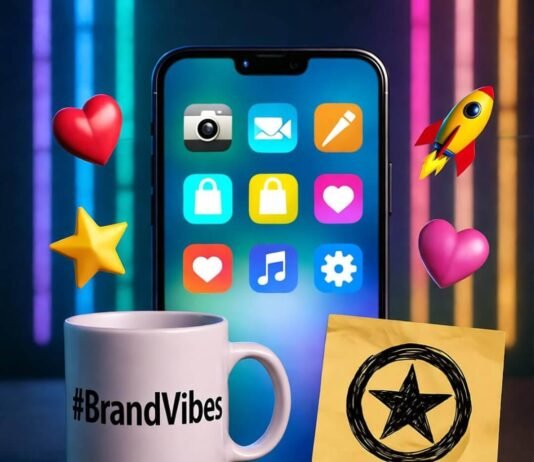 Social Media Branding Tips That Skyrocket Visibility Neon-lit smartphone, #BrandVibes mug, sticky note logo, floating emojis in bold colors.
