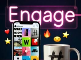 Instagram Influencer Marketing Tactics That Still Work in 2025 Bright Instagram feed on phone, hashtag mug, neon "Engage" sign, floating emojis.
