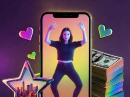 TikTok Influencer Marketing Secrets: Grow Fast, Get Paid Neon phone with dancer, cash stack, star, hearts, city skyline backdrop.
