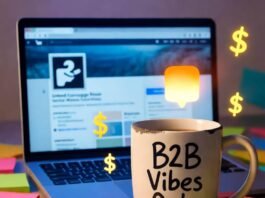 How LinkedIn Influencers Are Driving B2B Sales Glowing laptop with LinkedIn, chipped "B2B Vibes Only" mug, messy sticky notes, dancing dollar signs.
