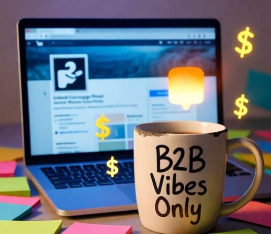 How LinkedIn Influencers Are Driving B2B Sales Glowing laptop with LinkedIn, chipped "B2B Vibes Only" mug, messy sticky notes, dancing dollar signs.