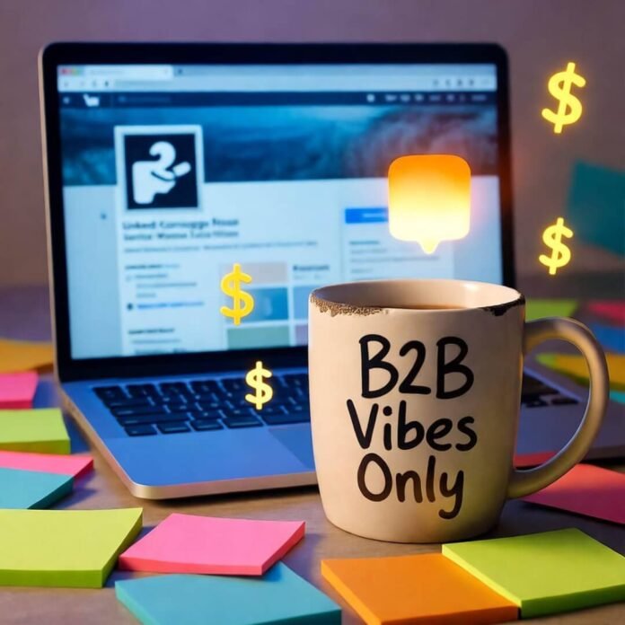 Glowing laptop with LinkedIn, chipped "B2B Vibes Only" mug, messy sticky notes, dancing dollar signs. Glowing laptop with LinkedIn, chipped "B2B Vibes Only" mug, messy sticky notes, dancing dollar signs.
