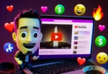 The Ultimate Guide to YouTube Influencer Marketing Neon-lit laptop with YouTube thumbnail, bobblehead, swag, emojis in pink, green, purple.