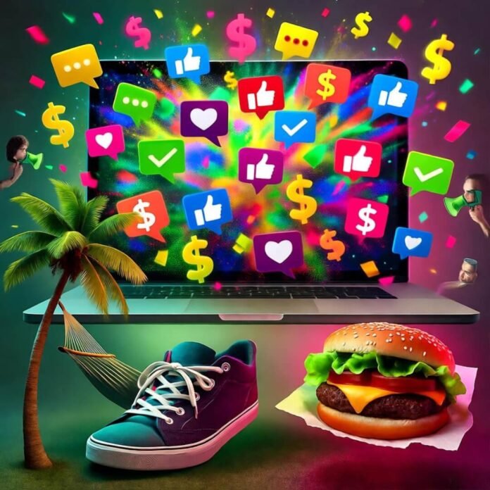 A vibrant image showing a laptop displaying social media icons, surrounded by various objects. A vibrant image showing a laptop displaying social media icons, surrounded by various objects.