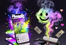 Best Instagram Influencer Agencies to Work With in 2025 Retro-futuristic scene: glowing smartphones, typewriter, emoji smoke, dollar-heart motifs.