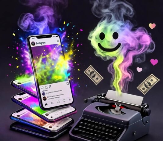 Best Instagram Influencer Agencies to Work With in 2025 Retro-futuristic scene: glowing smartphones, typewriter, emoji smoke, dollar-heart motifs.