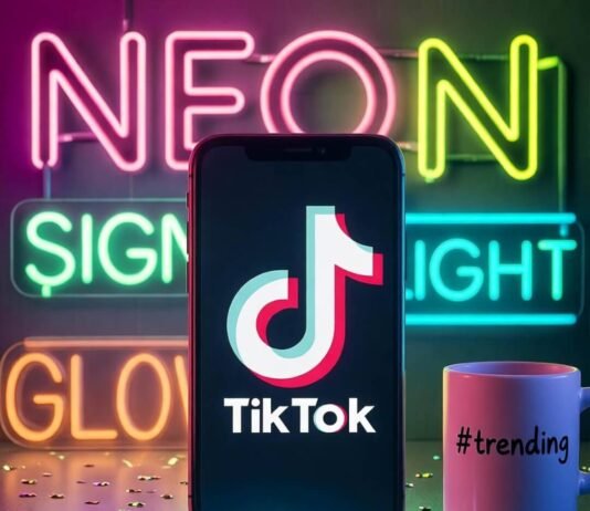 How to Choose the Right TikTok Influencer Agency? Glowing smartphone with TikTok logo, #trending mug, messy desk, neon lights, glitter confetti.