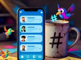 Top Twitter Marketing Hacks for Personal Brands Glowing smartphone with Twitter notifications, chipped hashtag mug, neon sticky notes, quirky birds.