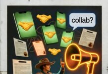 Top Influencer Marketing Agencies in the U.S. You Should Know Cowboy tips hat at glowing phones, handshake emojis, and "collab?" bubbles.