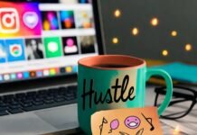 What to Look for in a Micro Influencer Agency? Messy desk with laptop, chipped "Hustle" mug, doodled note, glowing fireflies.