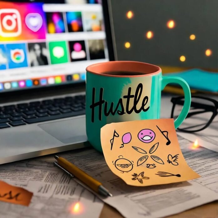 Messy desk with laptop, chipped "Hustle" mug, doodled note, glowing fireflies. Messy desk with laptop, chipped "Hustle" mug, doodled note, glowing fireflies.