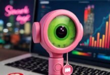 Is an Influencer Marketing Agency Worth It for Small Brands? Quirky selfie stick with logo, cluttered desk, neon city, emoji stickers, vibrant colors.