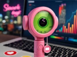 Is an Influencer Marketing Agency Worth It for Small Brands? Quirky selfie stick with logo, cluttered desk, neon city, emoji stickers, vibrant colors.