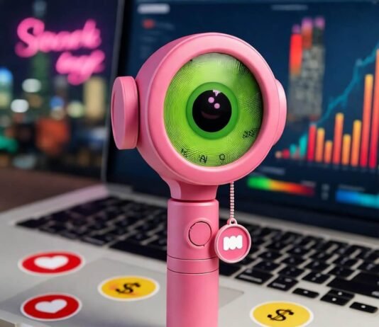 Is an Influencer Marketing Agency Worth It for Small Brands? Quirky selfie stick with logo, cluttered desk, neon city, emoji stickers, vibrant colors.