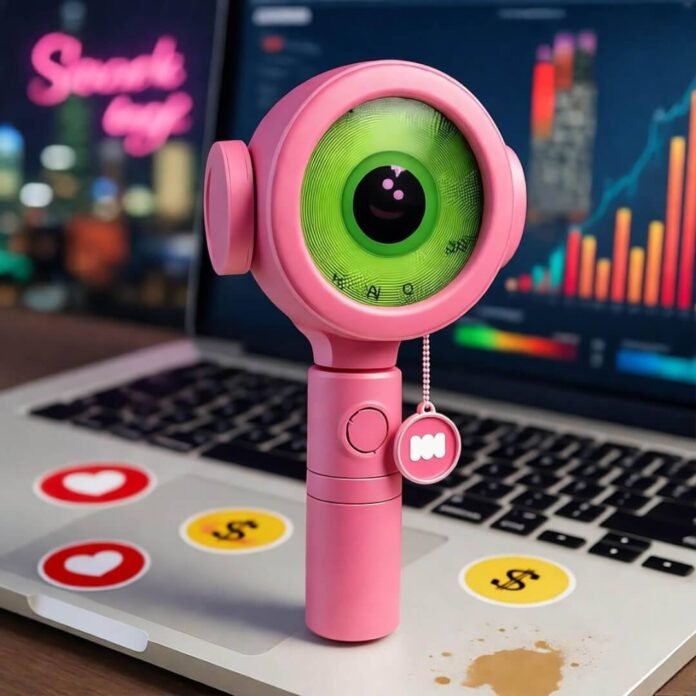 Quirky selfie stick with logo, cluttered desk, neon city, emoji stickers, vibrant colors. Quirky selfie stick with logo, cluttered desk, neon city, emoji stickers, vibrant colors.