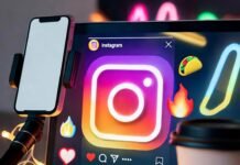 Social Media Marketing Agencies That Specialize in Influencer Collabs Neon-lit laptop with Instagram, selfie stick, coffee cup, emojis, vibrant colors.