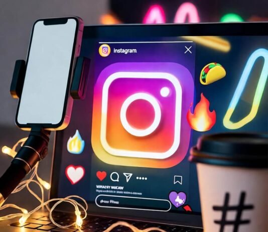 Social Media Marketing Agencies That Specialize in Influencer Collabs Neon-lit laptop with Instagram, selfie stick, coffee cup, emojis, vibrant colors.