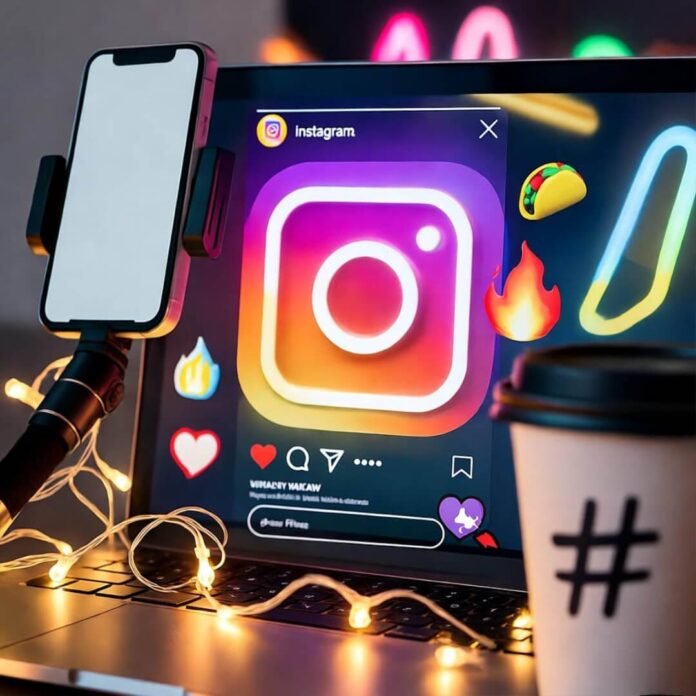 Neon-lit laptop with Instagram, selfie stick, coffee cup, emojis, vibrant colors.