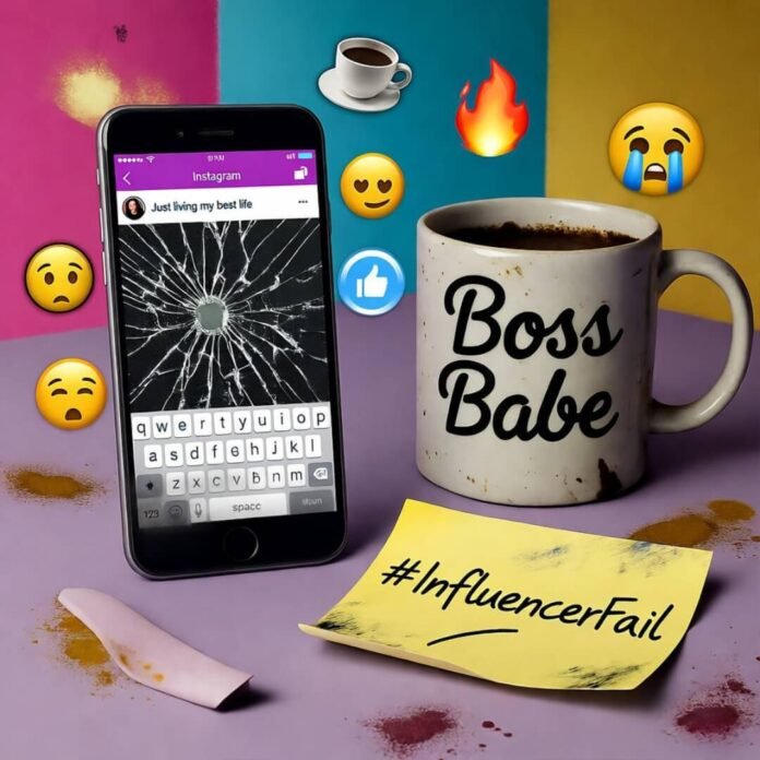 Messy desk with cracked phone, chipped "Boss Babe" mug, #InfluencerFail note, colorful emojis.